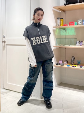X-GIRL グレー ベスト パンツ セットアップ X-girlのベスト（グレー系）を使った人気ファッション