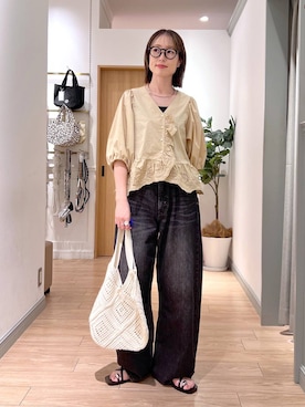 「LOWRYS FARM（ローリーズファーム）のスタイルＵＰクロスカップキャミ　100757（Tシャツ/カットソー、ブラック系）」を使った、y_nさん（レディース・163cm）の夏コーディネート