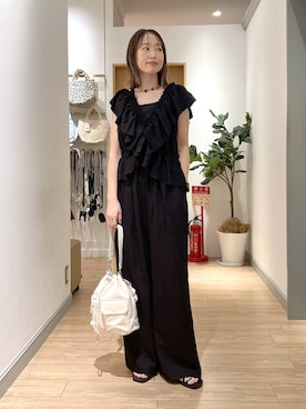 「LOWRYS FARM（ローリーズファーム）のスタイルＵＰクロスカップキャミ　100757（Tシャツ/カットソー、ブラック系）」を使った、y_nさん（レディース・163cm）の夏コーディネート