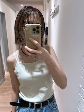 「LOWRYS FARM（ローリーズファーム）のスタイルＵＰクロスカップキャミ　100757（Tシャツ/カットソー、ブラック系）」を使った、y_nさん（レディース・163cm）の春コーディネート