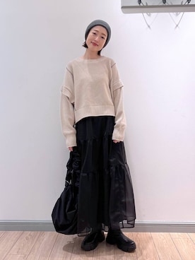 「アイテム（ニットキャップ/ビーニー、グレー系）」を使った、y_nさん（レディース・163cm）の冬コーディネート