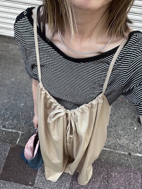 「BAYFLOW（ベイフロー）のバックオープンボーダーＴシャツ（Tシャツ/カットソー、ブラック系）」を使った、y_nさん（レディース・163cm）の夏コーディネート