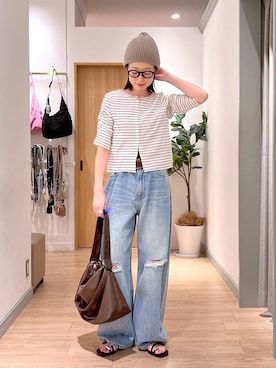 「LOWRYS FARM（ローリーズファーム）のワイドストレートデニムパンツ　607883（デニムパンツ、ブルー系）」を使った、y_nさん（レディース・163cm）の夏コーディネート