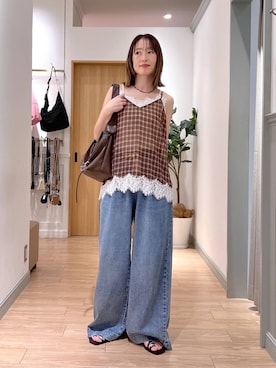 「LOWRYS FARM（ローリーズファーム）のスタイルＵＰクロスカップキャミ　100757（Tシャツ/カットソー、ホワイト系）」を使った、y_nさん（レディース・163cm）の夏コーディネート