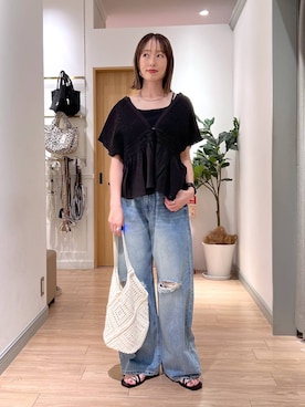 「LOWRYS FARM（ローリーズファーム）のスタイルＵＰクロスカップキャミ　100757（Tシャツ/カットソー、ブラック系）」を使った、y_nさん（レディース・163cm）の夏コーディネート