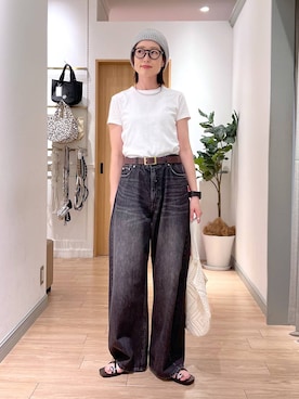 「LOWRYS FARM（ローリーズファーム）のワイドストレートデニムパンツ　607883（デニムパンツ、ブラック系）」を使った、y_nさん（レディース・163cm）の夏コーディネート