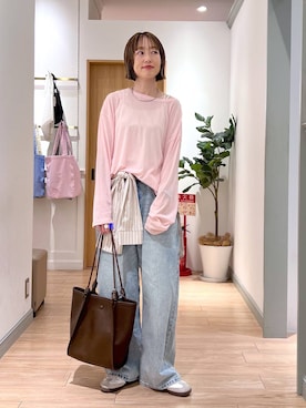 「LOWRYS FARM（ローリーズファーム）のスタイルＵＰクロスカップキャミ　100757（Tシャツ/カットソー、ホワイト系）」を使った、y_nさん（レディース・163cm）の春コーディネート