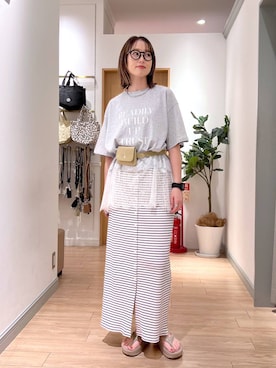 「LOWRYS FARM（ローリーズファーム）のポーチツキ２ＷＡＹベルト 656106（ベルト、ベージュ系）」を使った、y_nさん（レディース・163cm）の夏コーディネート