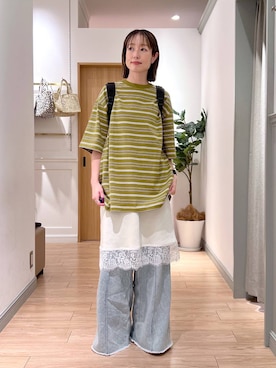「LOWRYS FARM（ローリーズファーム）のハイウエストバギーデニム 637569（デニムパンツ、ブルー系）」を使った、y_nさん（レディース・163cm）の春コーディネート
