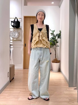 「LOWRYS FARM（ローリーズファーム）のスタイルＵＰクロスカップキャミ　100757（Tシャツ/カットソー、ブラック系）」を使った、y_nさん（レディース・163cm）の夏コーディネート