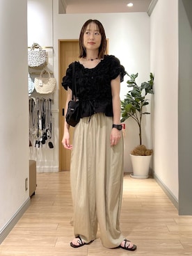 「LOWRYS FARM（ローリーズファーム）のスタイルＵＰクロスカップキャミ　100757（Tシャツ/カットソー、ブラック系）」を使った、y_nさん（レディース・163cm）の夏コーディネート