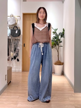 「LOWRYS FARM（ローリーズファーム）のチェックレースキャミ 1049046（キャミソール、ブラウン系）」を使った、y_nさん（レディース・163cm）の夏コーディネート