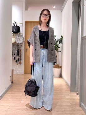 「LOWRYS FARM（ローリーズファーム）のスタイルＵＰクロスカップキャミ　100757（Tシャツ/カットソー、ブラック系）」を使った、y_nさん（レディース・163cm）の夏コーディネート