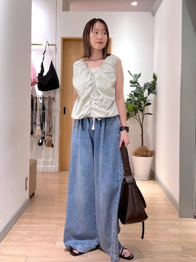 「LOWRYS FARM（ローリーズファーム）のスタイルＵＰクロスカップキャミ　100757（Tシャツ/カットソー、ホワイト系）」を使った、y_nさん（レディース・163cm）の夏コーディネート
