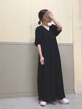 「KBF（ケイビーエフ）のバックリボンパフスリーブワンピース（ワンピース、ブラック系）」を使った、ぶくろさん（レディース・150cm）の春コーディネート