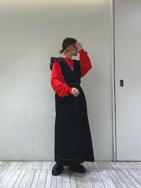 「KBF（ケイビーエフ）の2WAYフリルデニムワンピース（ワンピース、ブラック系）」を使った、ぶくろさん（レディース・150cm）の冬コーディネート