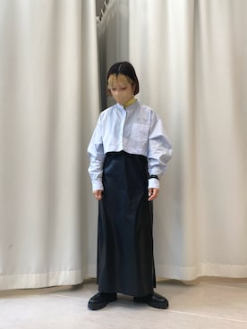 「KBF（ケイビーエフ）のスタンドカラーセパレートシャツ（シャツ/ブラウス、ブルー系）」を使った、ぶくろさん（レディース・150cm）の冬コーディネート