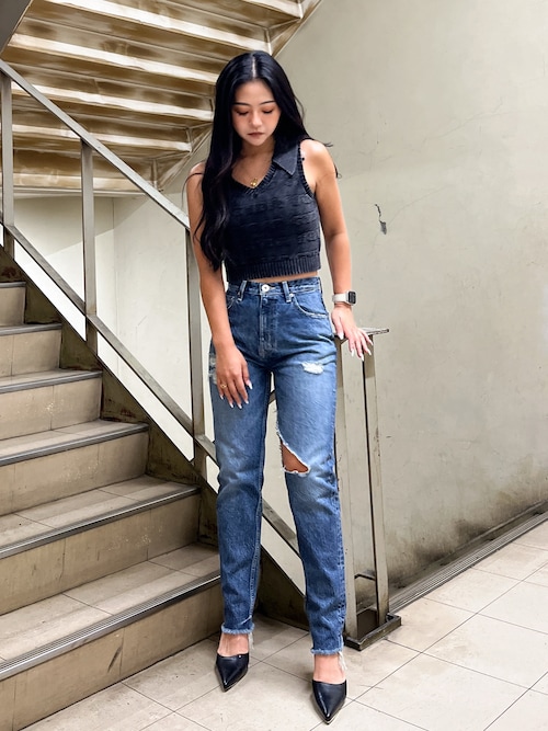 ハイウエストVintage Edge ダメージストレートデニムパンツ