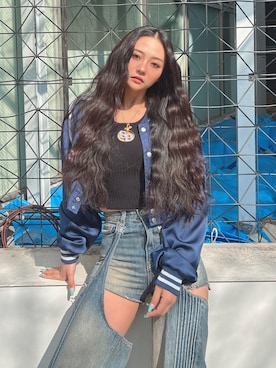 「GYDA（ジェイダ）のBACK GYDA logo Shortブルゾン（ブルゾン、ブルー系）」を使った、harukaさん（レディース・157cm）の春コーディネート