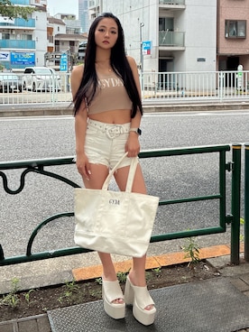 「GYDA（ジェイダ）のGYDA jacquardタンクニットトップス（キャミソール、ベージュ系）」を使った、harukaさん（レディース・157cm）の夏コーディネート