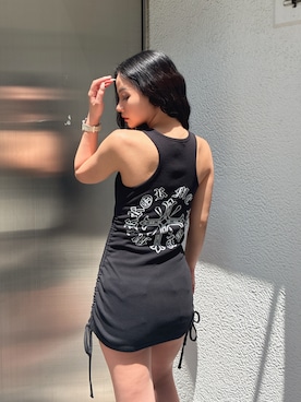 「GYDA（ジェイダ）のGYDA side drawstringチュニック（ワンピース、ブラック系）」を使った、harukaさん（レディース・157cm）の春コーディネート