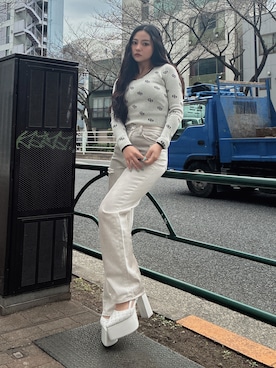 「GYDA（ジェイダ）のGG patternタイトニットトップス（ニット/セーター、ホワイト系）」を使った、harukaさん（レディース・157cm）の冬コーディネート