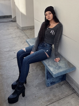 「GYDA（ジェイダ）のバルキーショートブーツ（ブーツ、ブラック系）」を使った、harukaさん（レディース・157cm）の冬コーディネート