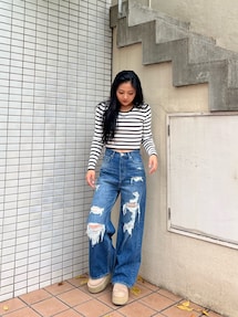 ハイウエストダメージレースPatchストレートワイドデニムパンツ