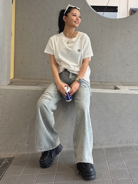 「GYDA（ジェイダ）のLA GYDA CLOUD PHOTO BIG Tシャツ（Tシャツ/カットソー、ホワイト系）」を使った、harukaさん（レディース・157cm）の春コーディネート