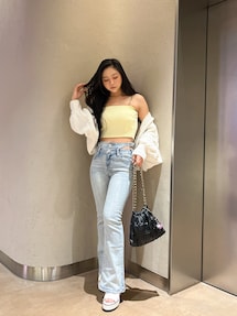 ハイウエストSIDE BELT CUTデザインフレアデニムパンツ