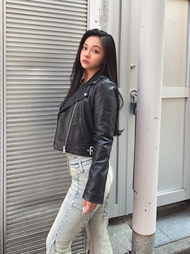 「アイテム（ライダースジャケット）」を使った、harukaさん（レディース・157cm）の夏コーディネート