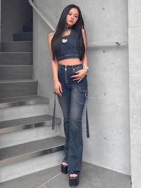 「GYDA（ジェイダ）のGG bijou MOLDチョーカーデニムショートTOPS（タンクトップ、ブルー系）」を使った、harukaさん（レディース・157cm）の春コーディネート