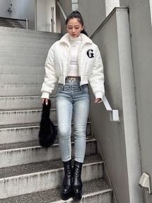 ハイウエスト GD bijou MOLDフロントZIPスキニーデニムパンツ