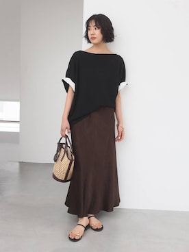 「BABYLONE（バビロン）のワッフルロールアップTEE（Tシャツ/カットソー、ブラック系）」を使った、MOMOKO_BABYLONEルミネ新宿さん（レディース・161cm）の春コーディネート