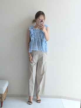 「nissen（ニッセン）の楊柳シャーリングフリルトップス（シャツ/ブラウス、ブルー系）」を使った、syuna__chanさん（レディース・164cm）の夏コーディネート