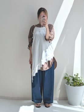 「nissen（ニッセン）のアシメレースサテン素材キャミソール（キャミソール、ベージュ系）」を使った、syuna__chanさん（レディース・164cm）の夏コーディネート