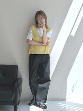 「nissen（ニッセン）の2点セット（ポコポコ素材ベスト＋Tシャツ）＜大きいサイズ有＞（ベスト、イエロー系）」を使った、syuna__chanさん（レディース・164cm）の夏コーディネート