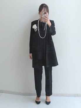 「nissen（ニッセン）の【喪服・礼服】日本製生地使用　洗える防しわデザインスーツ（ロング丈ジャケット＋ドレープブラウス＋パンツ）＜大きいサイズ有＞〔Callarus〕（フォーマルスーツ/小物、ブラック系）」を使った、syuna__chanさん（レディース・164cm）の春コーディネート