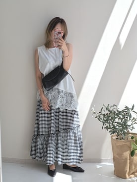「nissen（ニッセン）の＜大きいサイズ＞ティアードロングスカート（スカート、ブラック系）」を使った、syuna__chanさん（レディース・164cm）の夏コーディネート