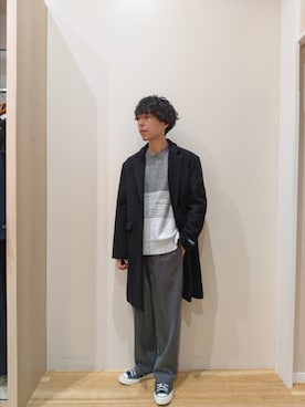 「アイテム（チェスターコート）」を使った、takataさん（メンズ・173cm）の冬コーディネート