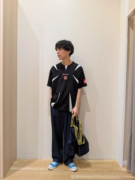 「アイテム（トートバッグ、ブルー系）」を使った、takataさん（メンズ・173cm）の夏コーディネート