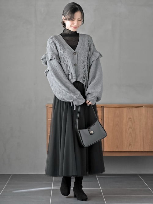 サイドレースアップケーブルフリルニットカーディガン（カーディガン