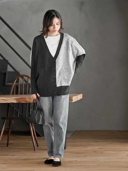 AURORA boutiqueバイカラーステッチニットカーディガン　S AURORA boutiqueバイカラーステッチニットカーディガン S