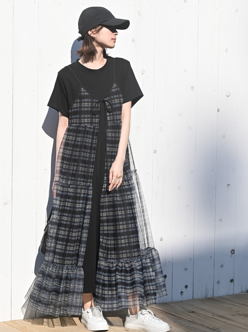 「rps、rpsコーデ、大人カジュアル、大人コーデ、大人かわいい、プチプラ、プチプラコーデ、ワンピース、ワンピーススタイル、レイヤードスタイル、チュールワンピ、チュール」｜「rpsのポケット付きフレアーカットワンピース（ワンピース、ブラック系）」を使った、rps_freakさん（レディース・164cm）の夏コーディネートの1枚目の写真