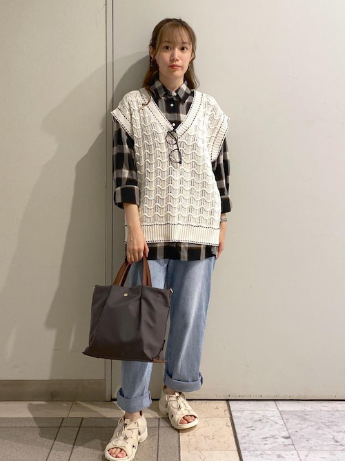 セール】配色ステッチ透かし編みニットベスト（ベスト）｜ROPE