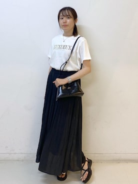 「ROPE' PICNIC（ロペピクニック）のパール付きロゴTシャツ/UVカット・接触冷感・汗染み防止（Tシャツ/カットソー、ホワイト系）」を使った、ゆたさん（レディース・155cm）の夏コーディネート