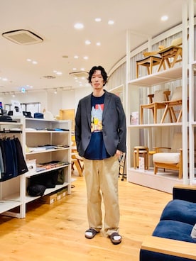 「アイテム（スーツジャケット、グレー系）」を使った、Naokiさん（メンズ・187cm）の夏コーディネート