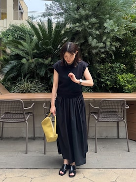 「ITEMS URBANRESEARCH（アイテムズ アーバンリサーチ）の『洗濯可』ポロニットドッキングワンピース（ワンピース、ブラック系）」を使った、ikumiさん（レディース・157cm）の夏コーディネート