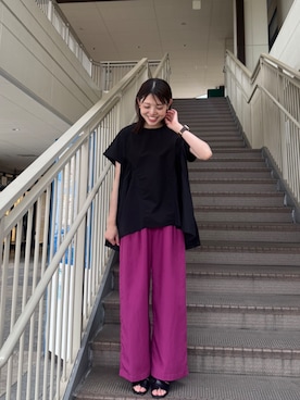 「ITEMS URBANRESEARCH（アイテムズ アーバンリサーチ）のギャザーチュニックブラウス（シャツ/ブラウス、ブラック系）」を使った、ikumiさん（レディース・157cm）の夏コーディネート
