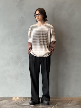 「ADAM ET ROPE'（アダムエロペ）の【RICE NINE TEN/ライス ナイン テン】HEM SHIRRING WOOL TROUSERS（その他パンツ、ブラック系）」を使った、kodai kanomataさん（メンズ・172cm）の秋コーディネート